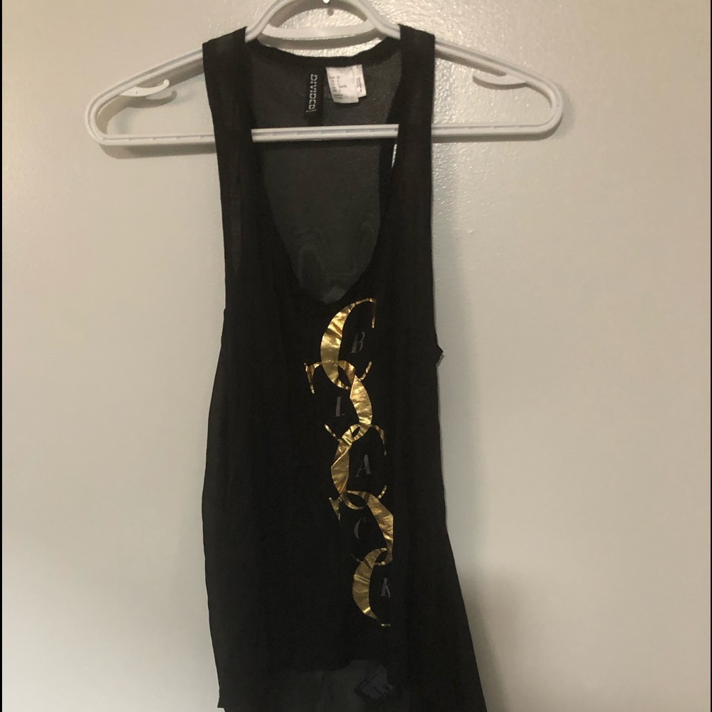 Divided sheer black top/gold and black lettering
